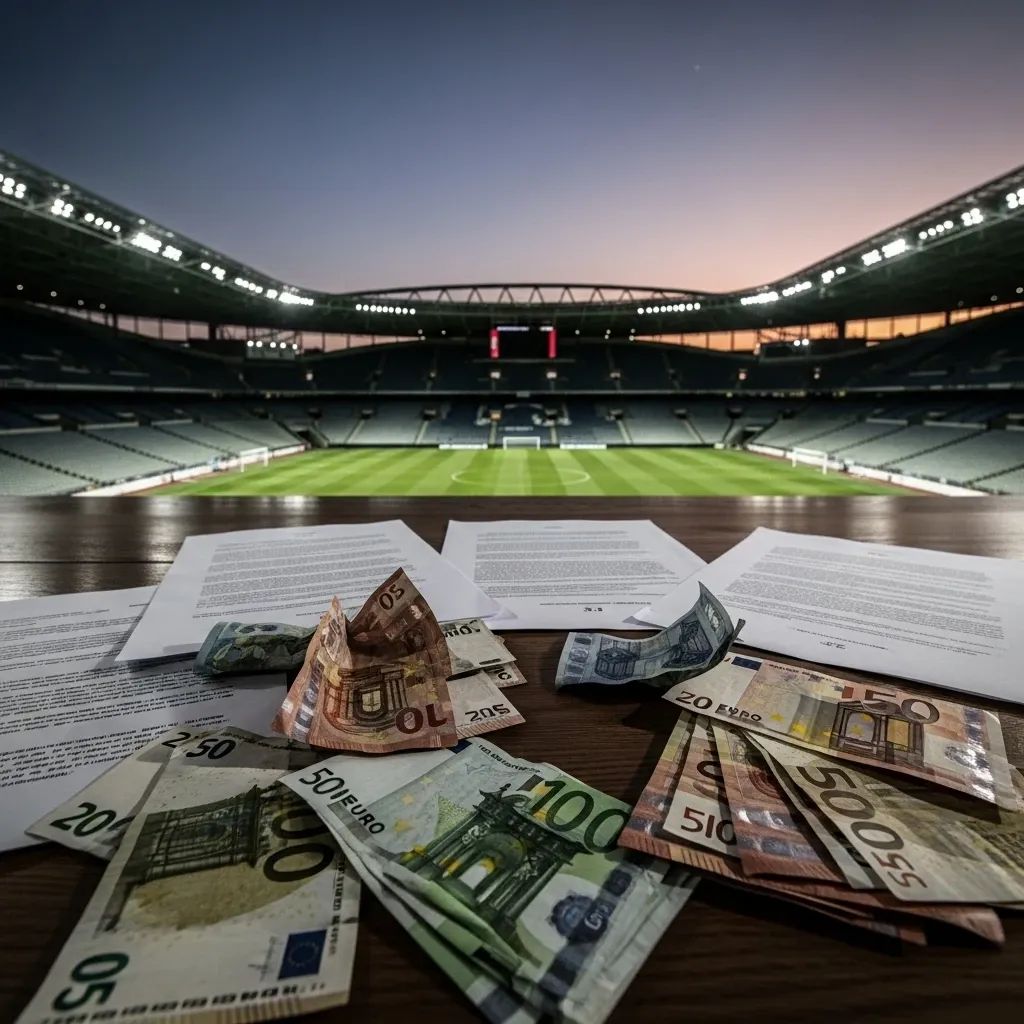 Empty Lisbon football stadium with euro banknotes and legal documents on a table representing EU sanctions probe