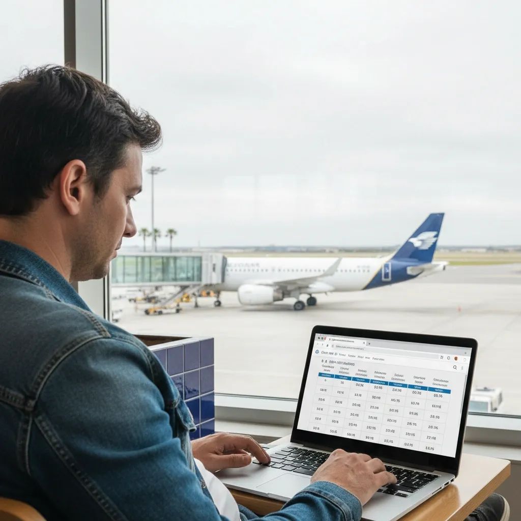 Traveler checks flight prices on laptop while a budget airplane waits outside Lisbon airport window