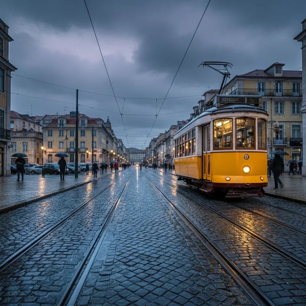 Rain-soaked Lisbon street with yellow tram under dark clouds, reflecting mid-February storms forecast