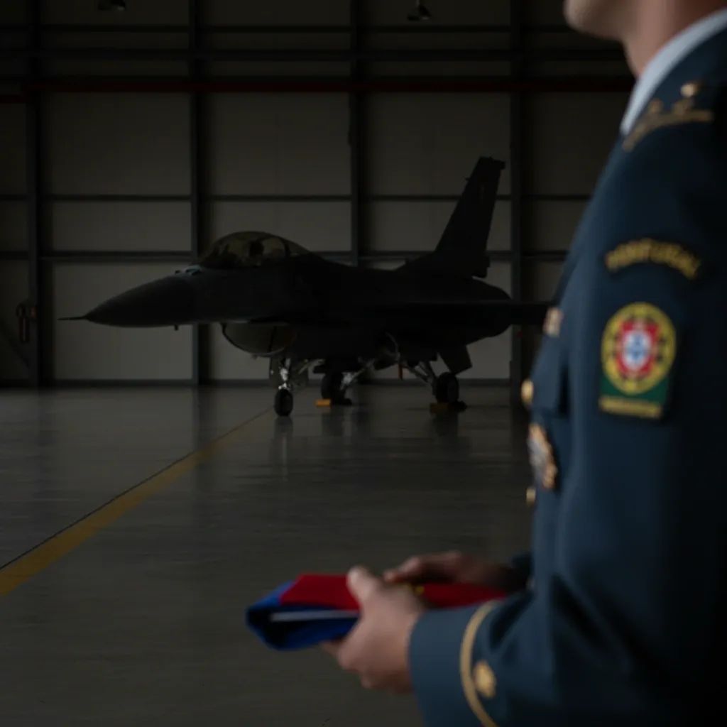 Military hangar with F-16 fighter jet, Portuguese Air Force memorial style
