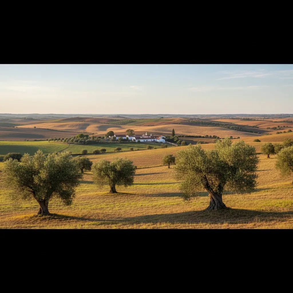 Portuguese agricultural landscape in Alentejo region with rural farmland and scattered buildings