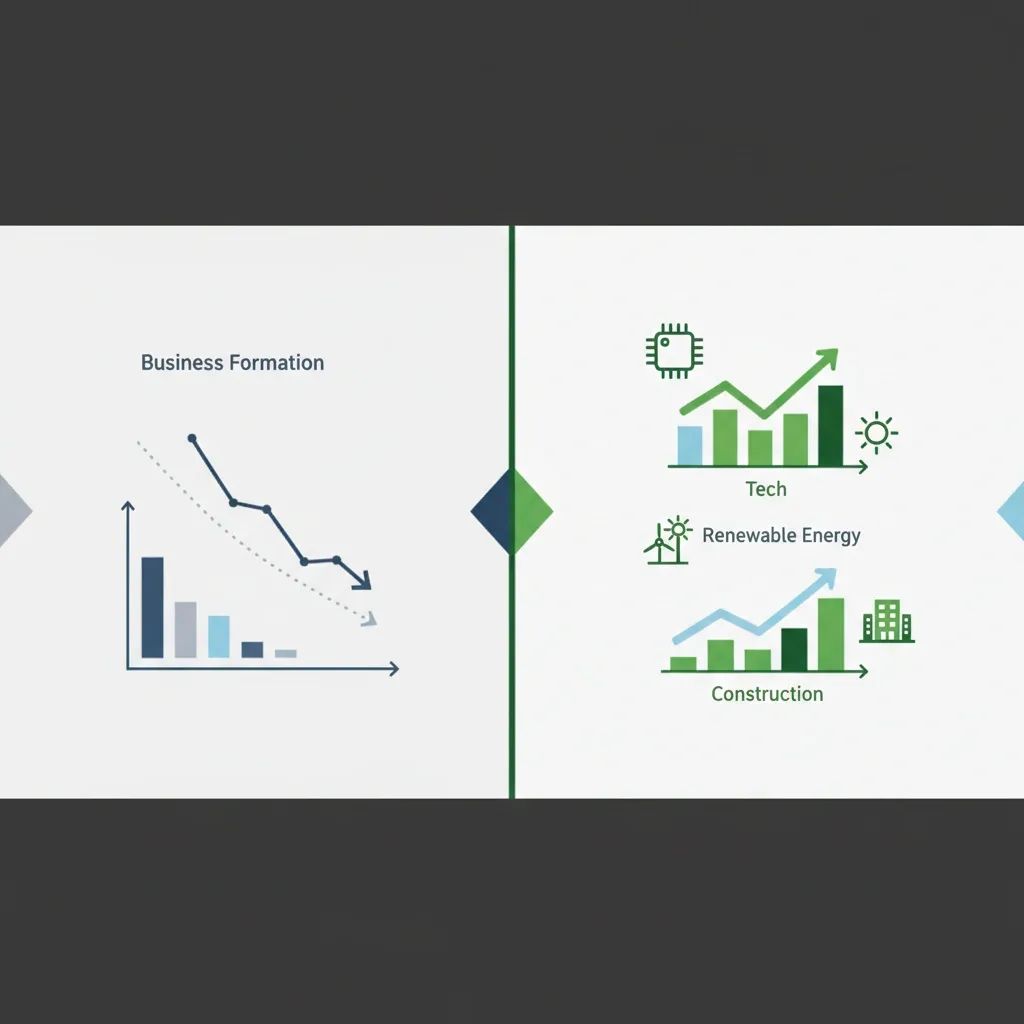 Business formation trends in Portugal showing Q1 2026 startup decline alongside tech sector growth