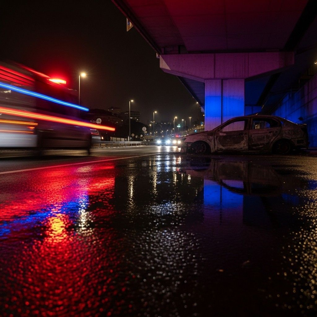 Nighttime view of Lisbon avenue crash site with emergency lights reflecting on wet road