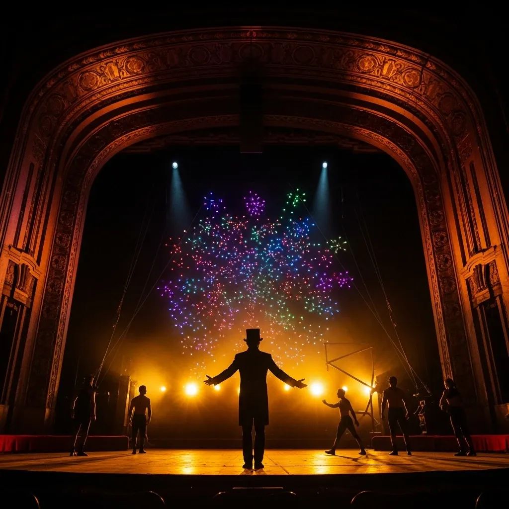 Silhouette of ringmaster in historic theatre with drones lighting up the domed ceiling