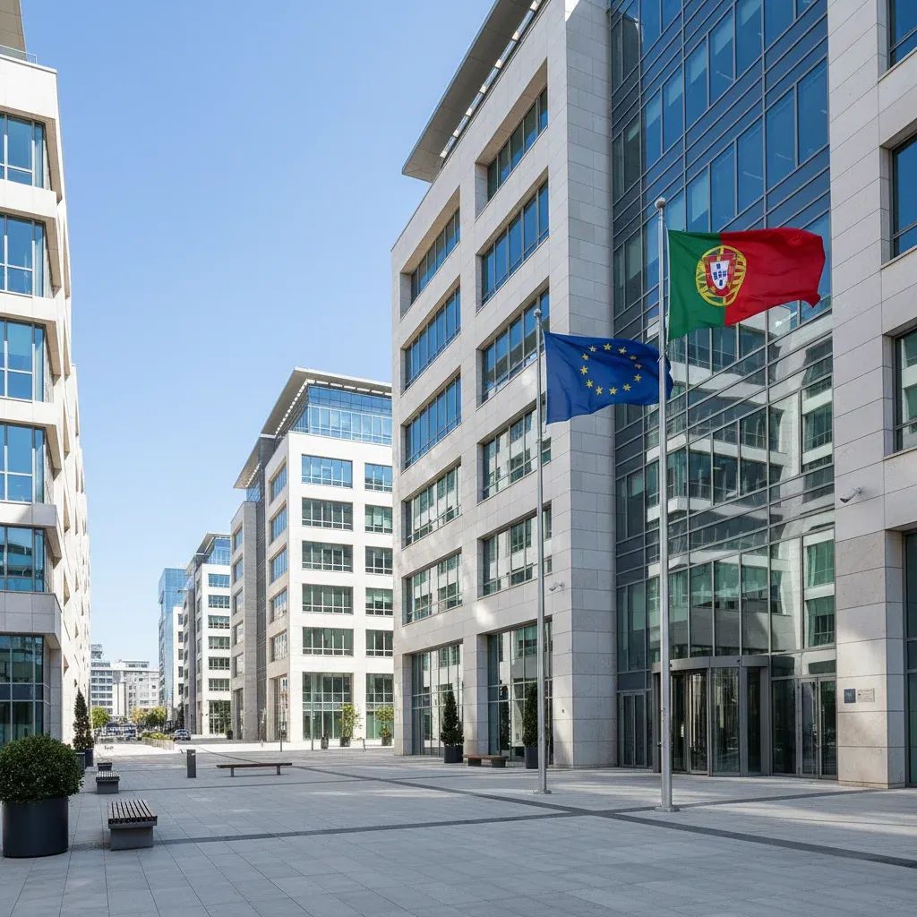 Modern office buildings with EU and Portuguese flags, illustrating Eurozone growth’s impact on Portugal’s economy