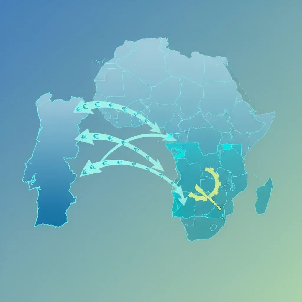 Infographic map showing euro funds flowing from Mozambique and Angola toward Portugal