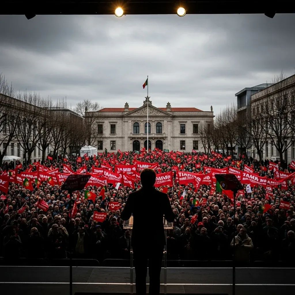 Crowd at a Portuguese political rally with speaker silhouette and red banners