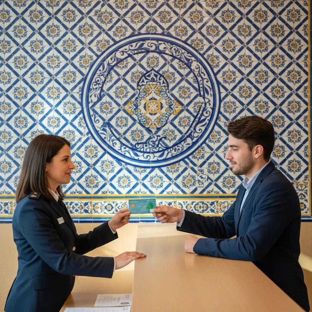 Government clerk handing a Citizen Card to a resident at a Citizen Shop counter