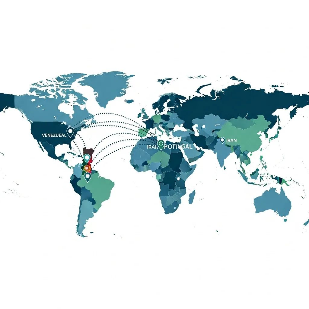 World map infographic linking Portugal to Venezuela and Iran with dashed connection lines
