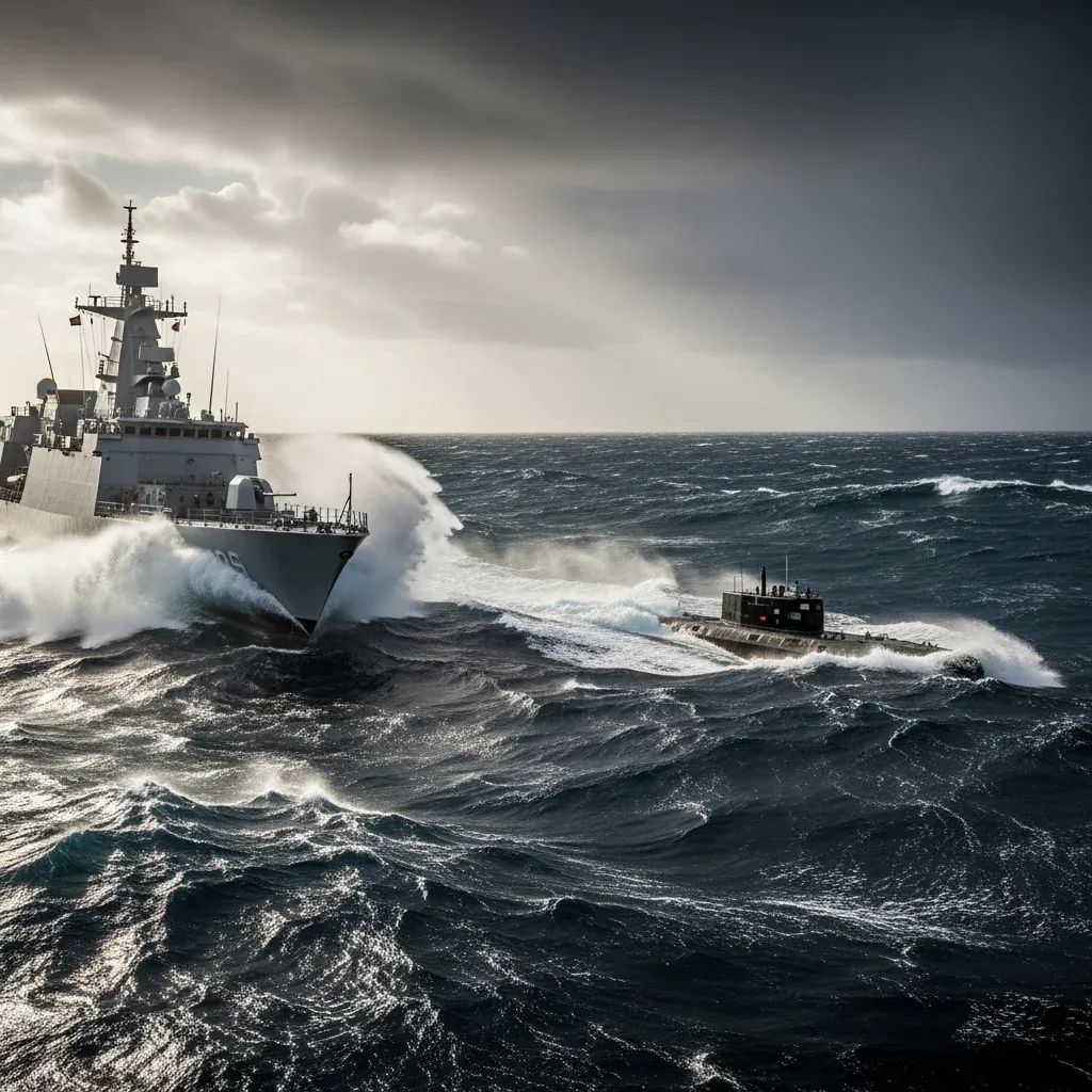 Portuguese navy ship pursuing a ghost submarine in stormy Atlantic seas