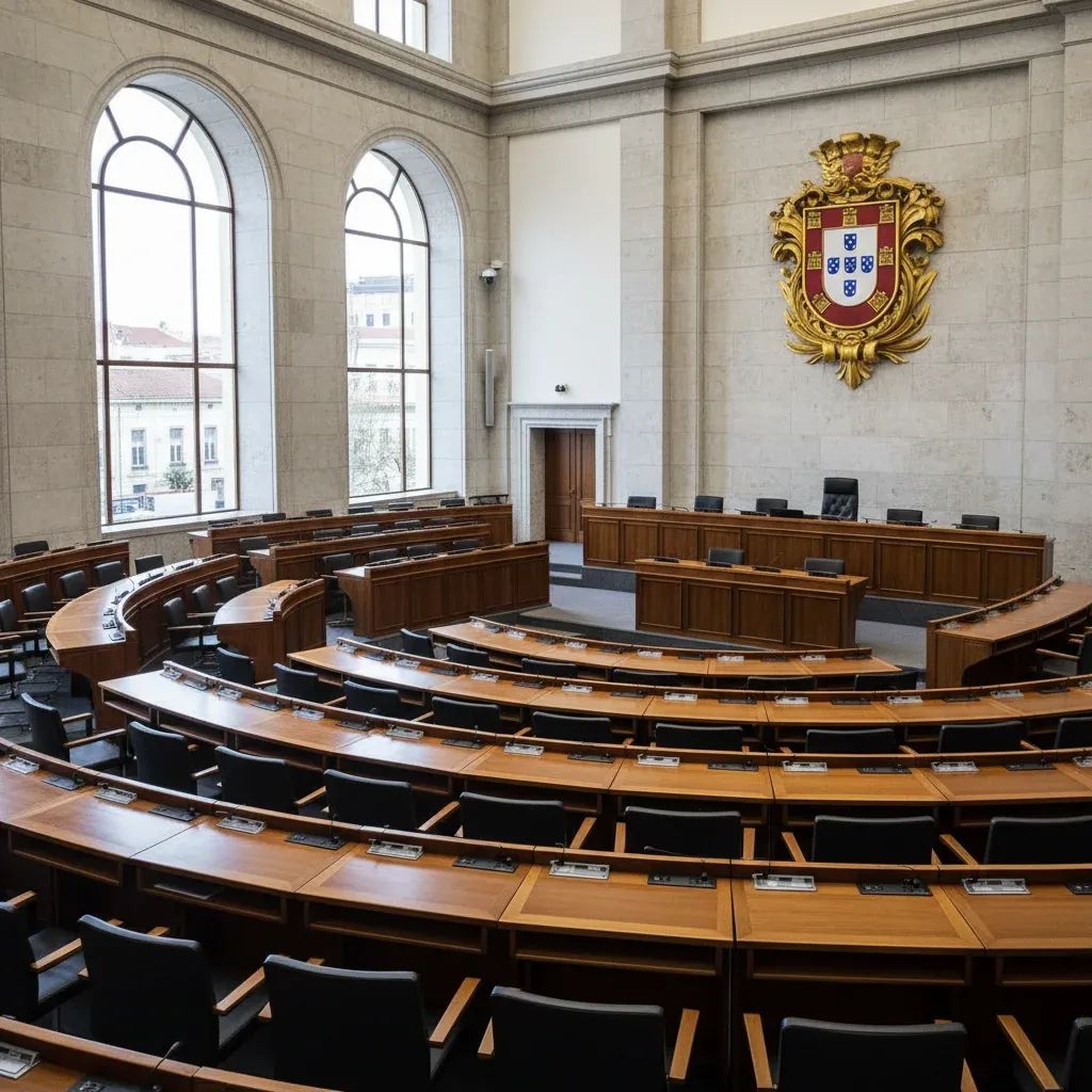 Portuguese municipal assembly chamber interior showing formal government setting and empty seats
