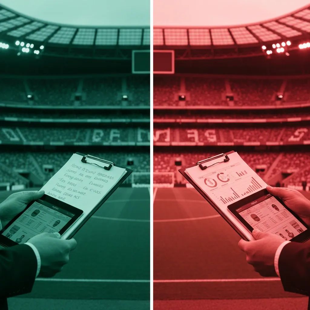 Professional transfer analysis scene with Portuguese football stadium setting and scouting materials