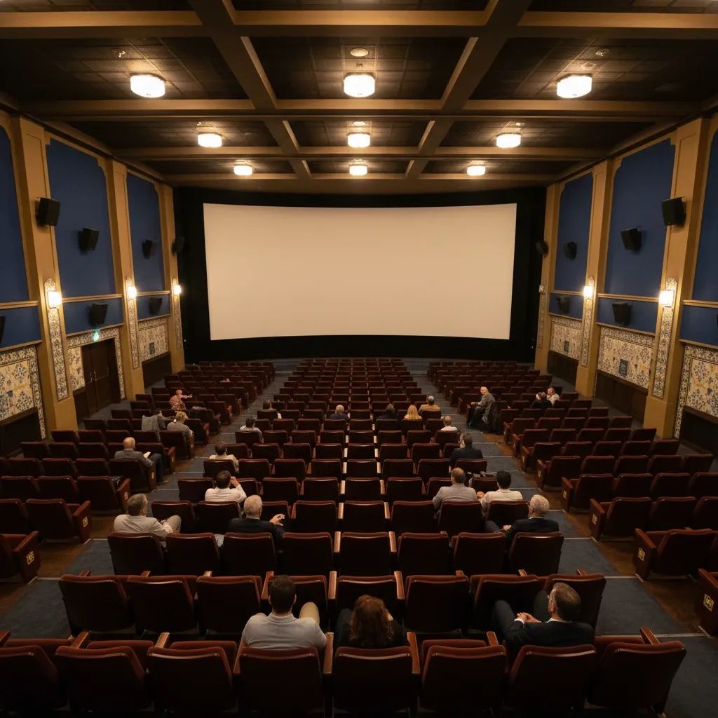Empty cinema theater with rows of seats facing blank screen, illustrating Portugal's film exhibition crisis