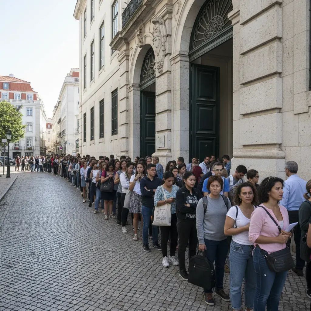 Large queue of people outside Portugal's AIMA immigration office in Lisbon