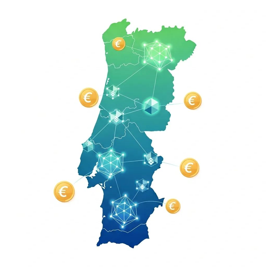 Stylized map of Portugal with connected blockchain nodes and euro coins representing crypto regulation