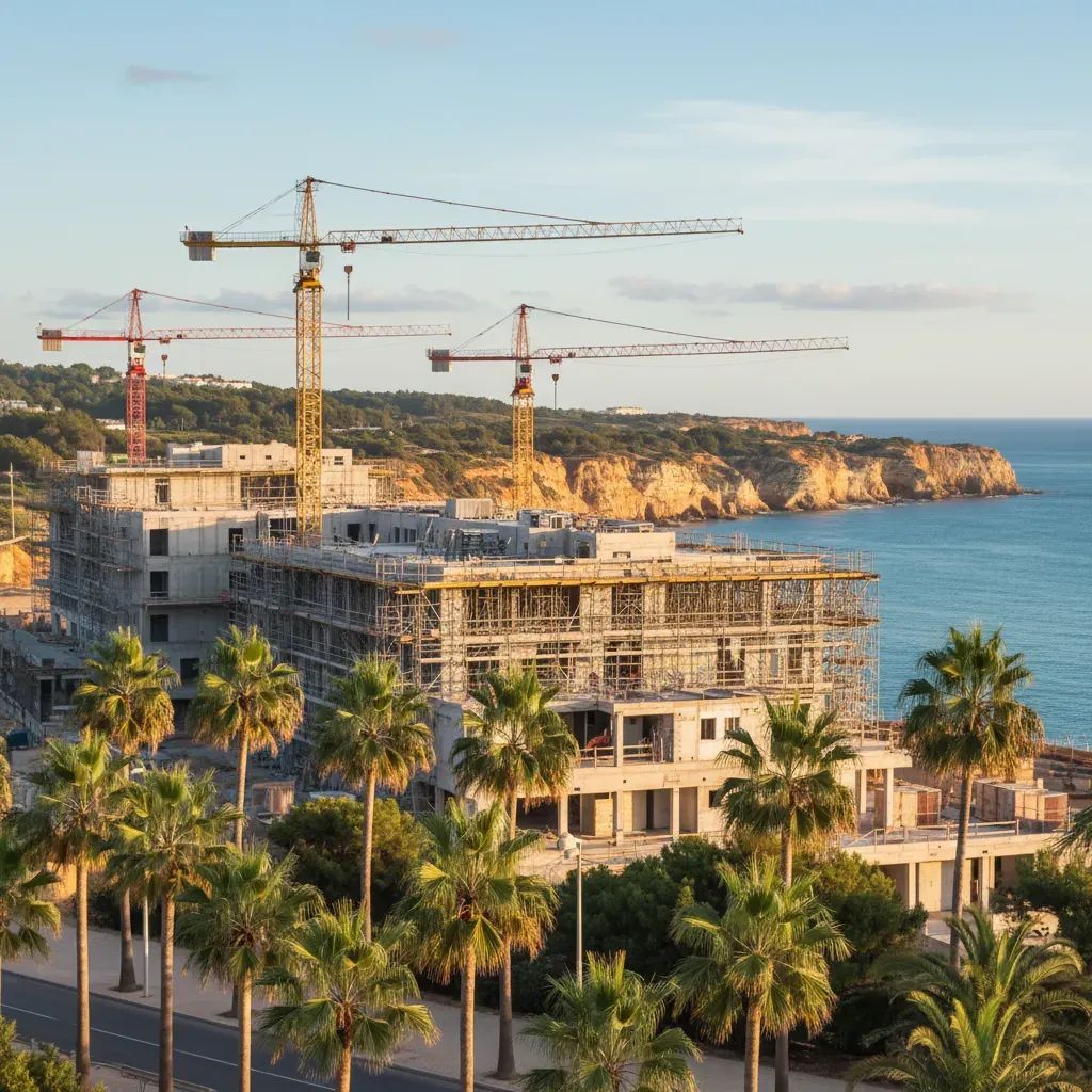 Mid-size hospital under construction on the Algarve coast with cranes and scaffolding