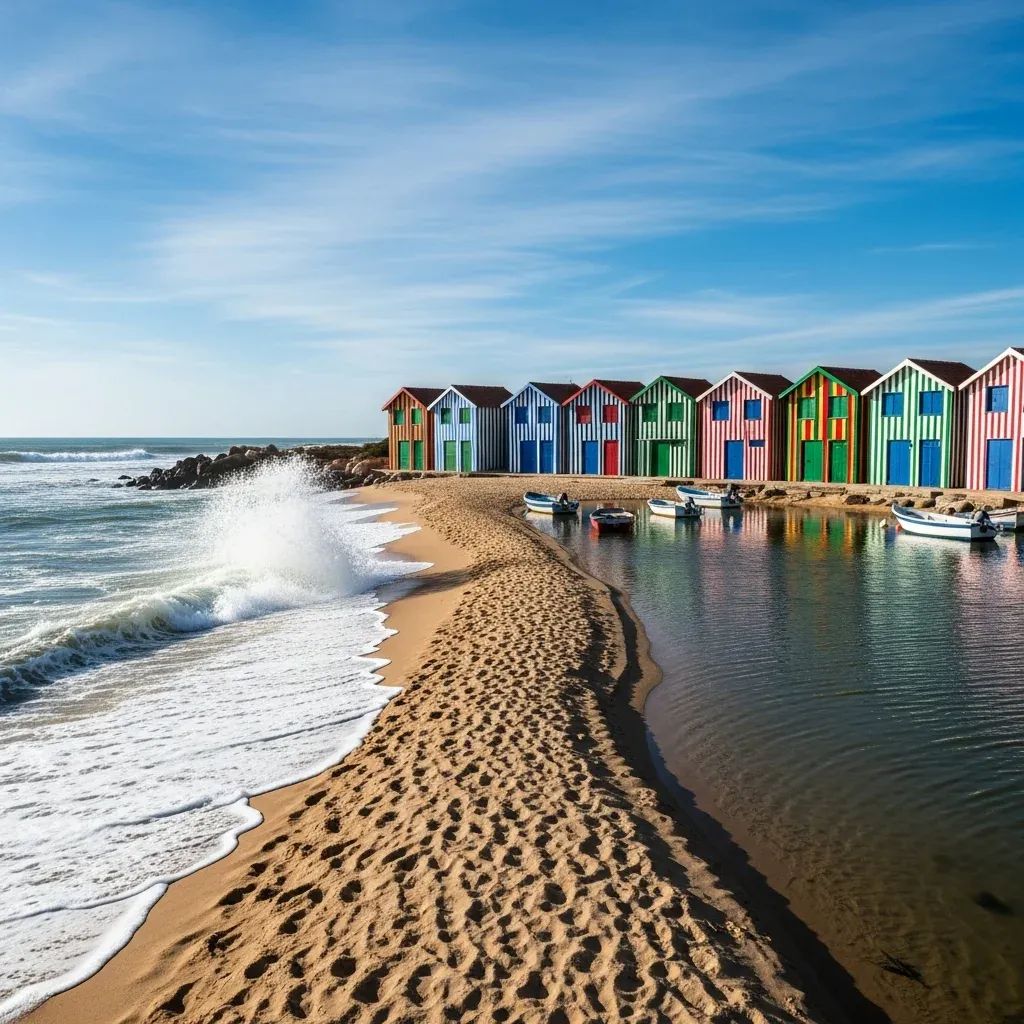 Colorful striped wooden cottages on Costa Nova beach spit with Atlantic surf and lagoon