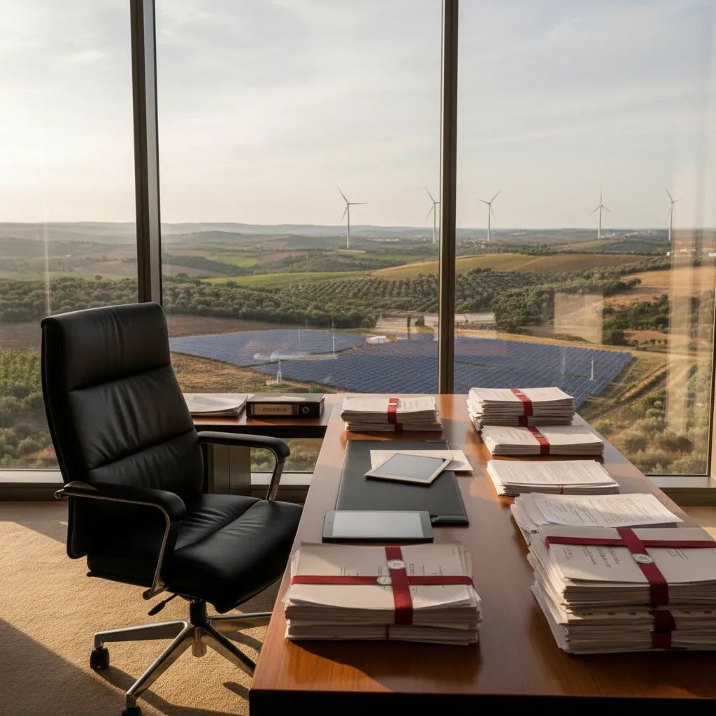 Vacant office desk with official files overlooking Portuguese solar panels and wind turbines, hinting at permit delays