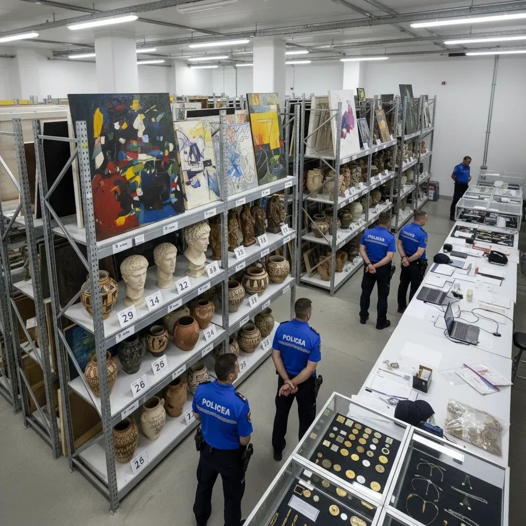 Police evidence storage displaying seized paintings and sculptures from Portuguese art trafficking investigation