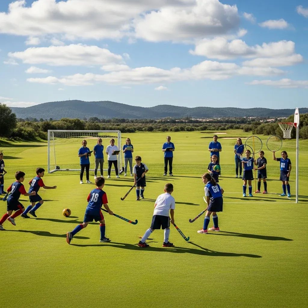 Children playing football, hockey and netball on a repurposed Algarve golf fairway with volunteers coaching