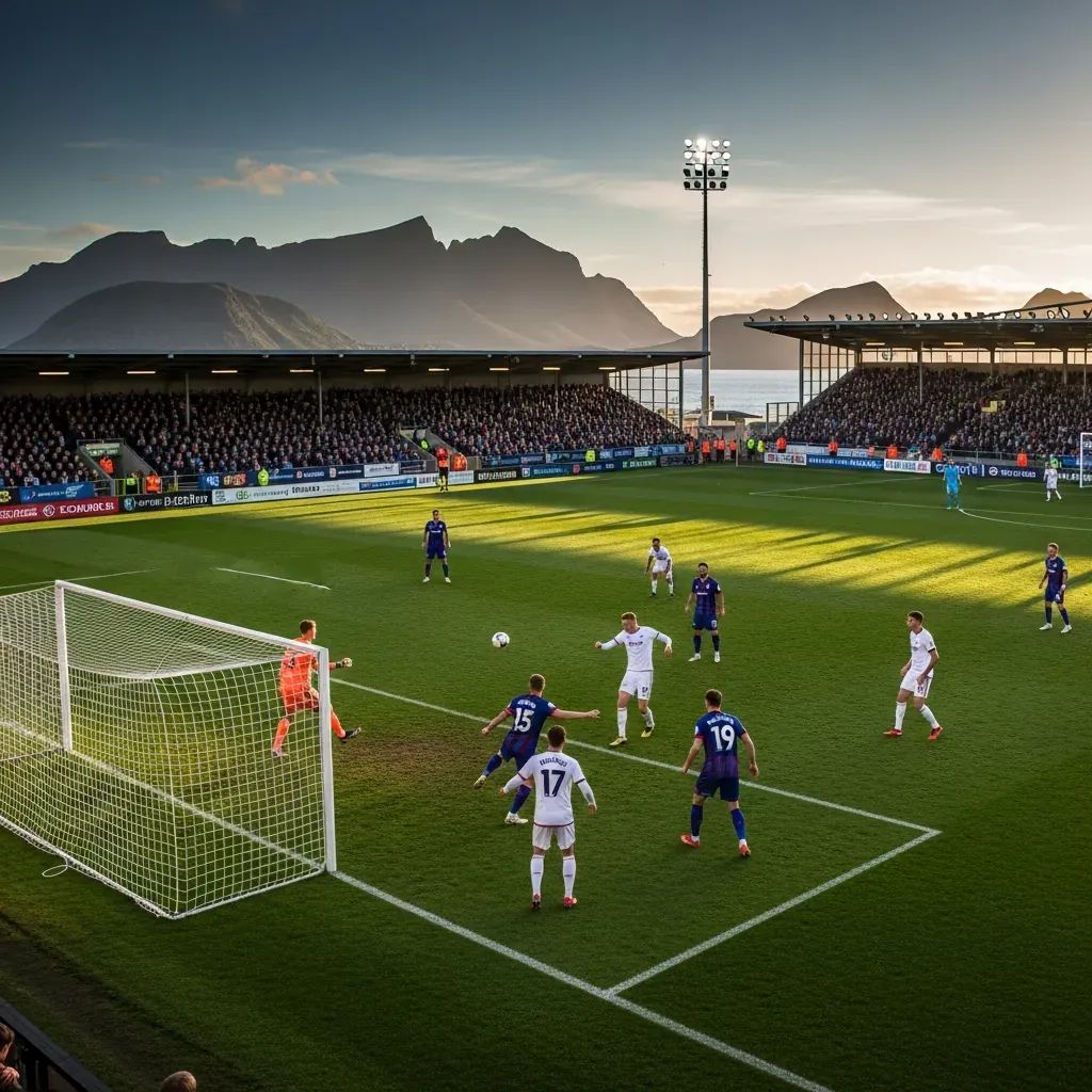 Football players battling for the ball near goal in a hilly island stadium during derby