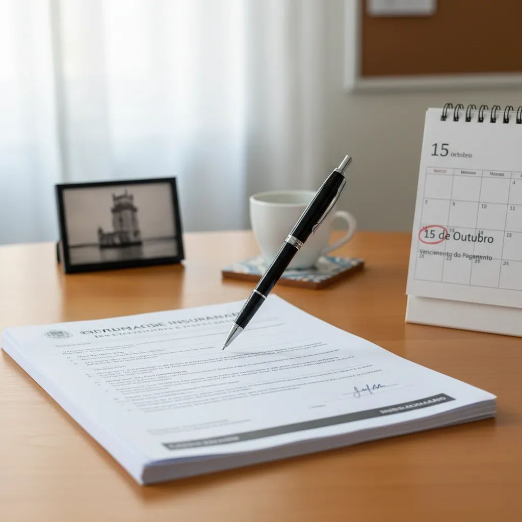 Office desk with insurance policy documents, pen, and calendar marking payment due date