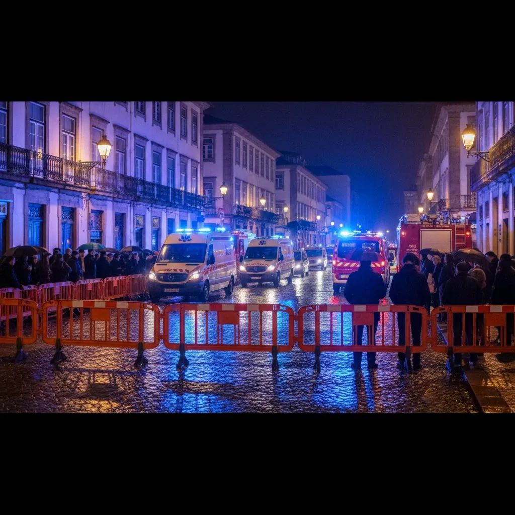 Emergency services responding to vehicle collision scene during FC Porto championship celebrations in São João da Madeira