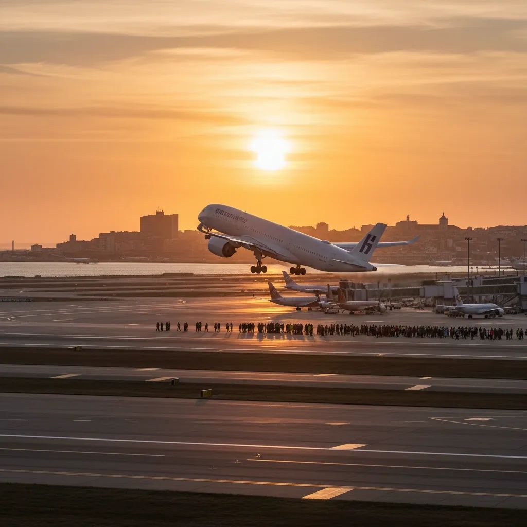 Commercial aircraft at Portuguese airport terminal with passengers preparing to board for international flight