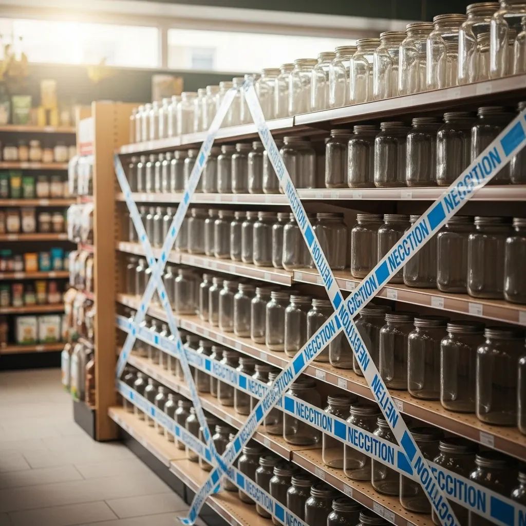 Empty health food store shelves sealed with inspection tape after hemp product seizure