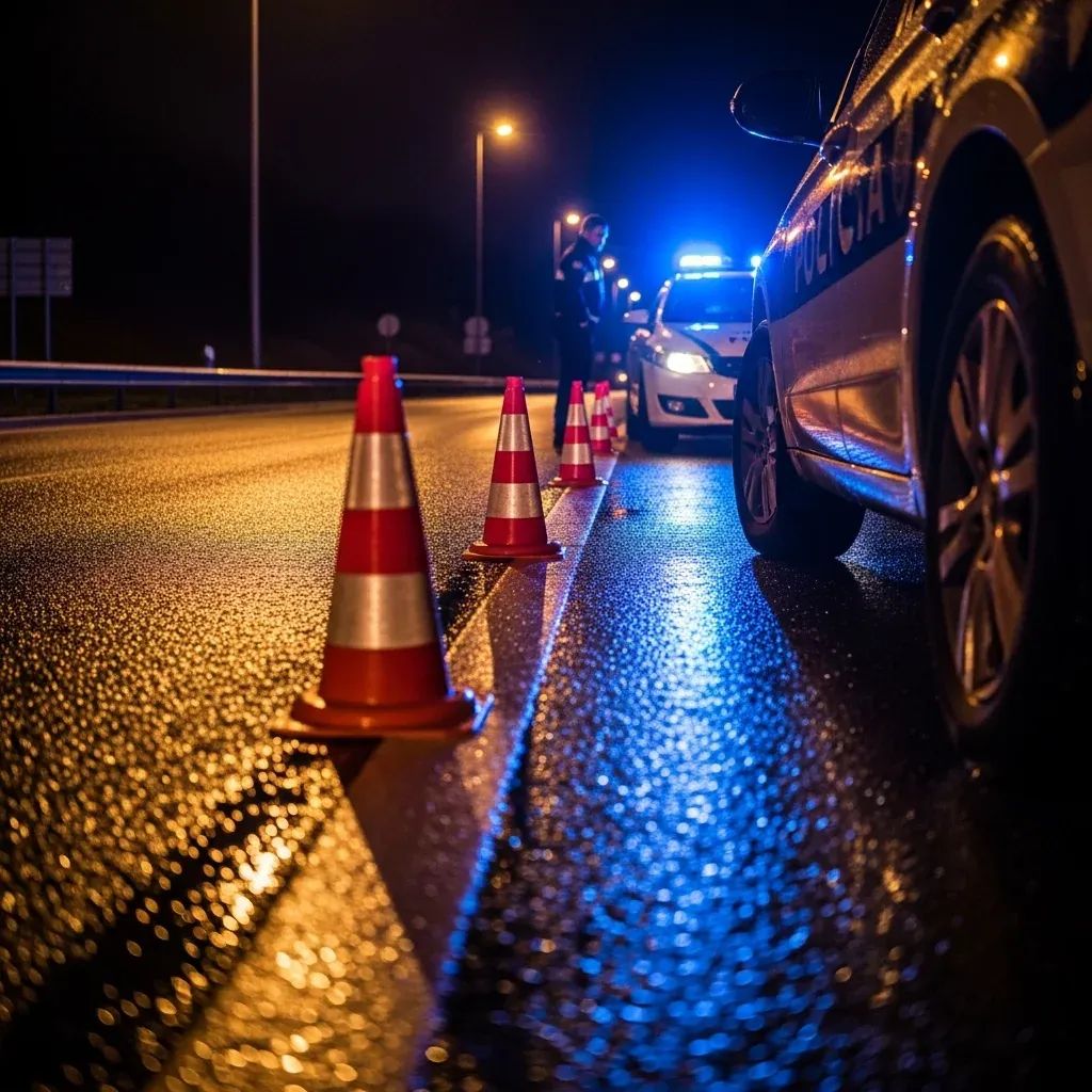 Portuguese police patrol car with flashing lights at a wet highway checkpoint at night