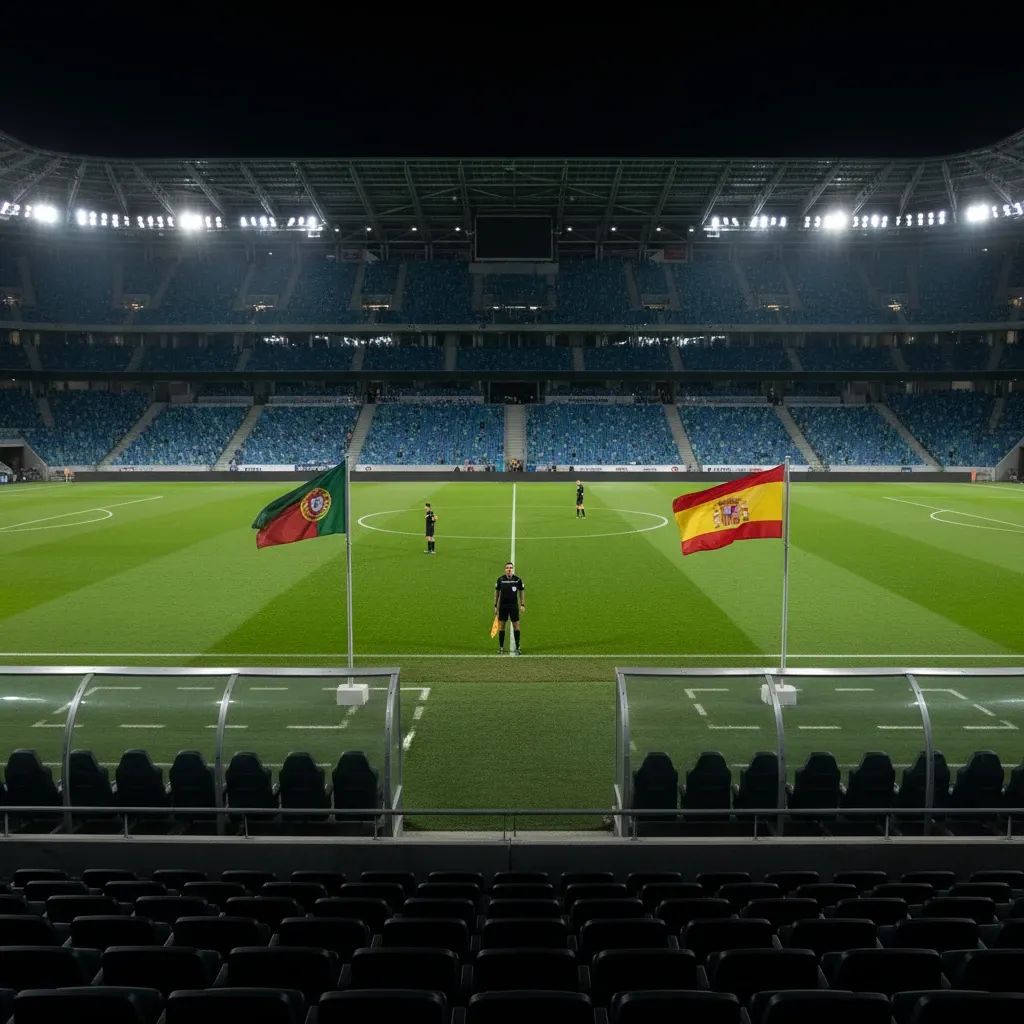 Modern football stadium at night with dramatic floodlighting and official match setup