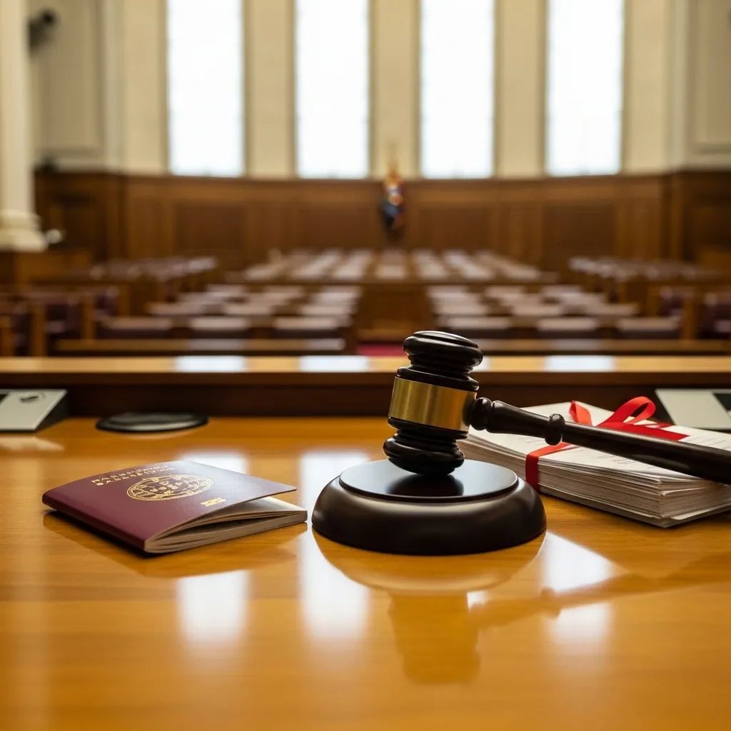 Gavel and passport on legal documents in a government office setting