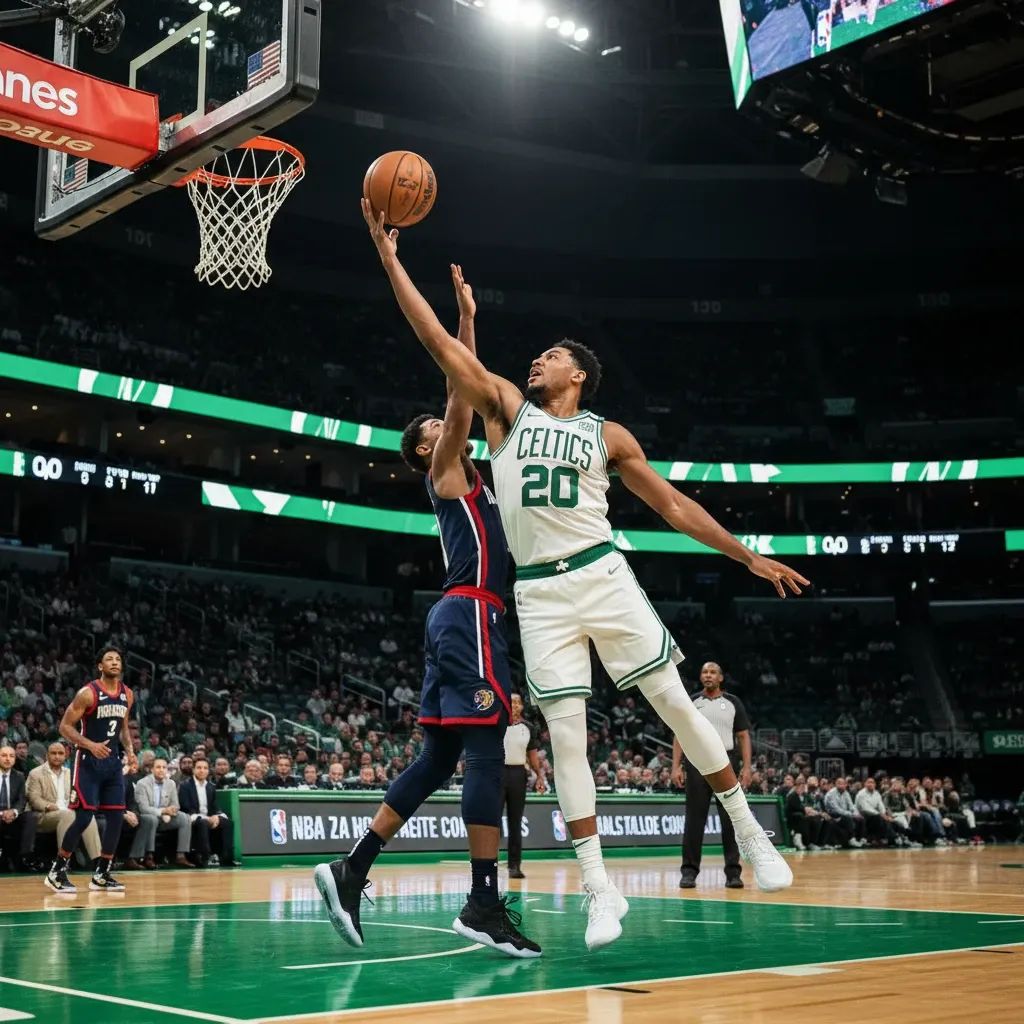Basketball player in Celtics uniform executing defensive play during NBA game at arena