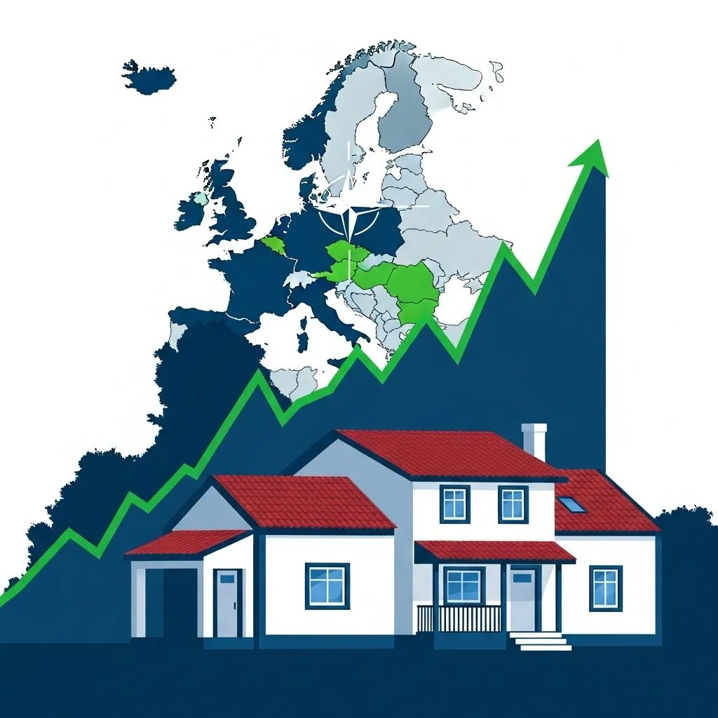Infográfico com casa e gráfico ascendente sobre mapa da Europa destacando Portugal e emblema NATO