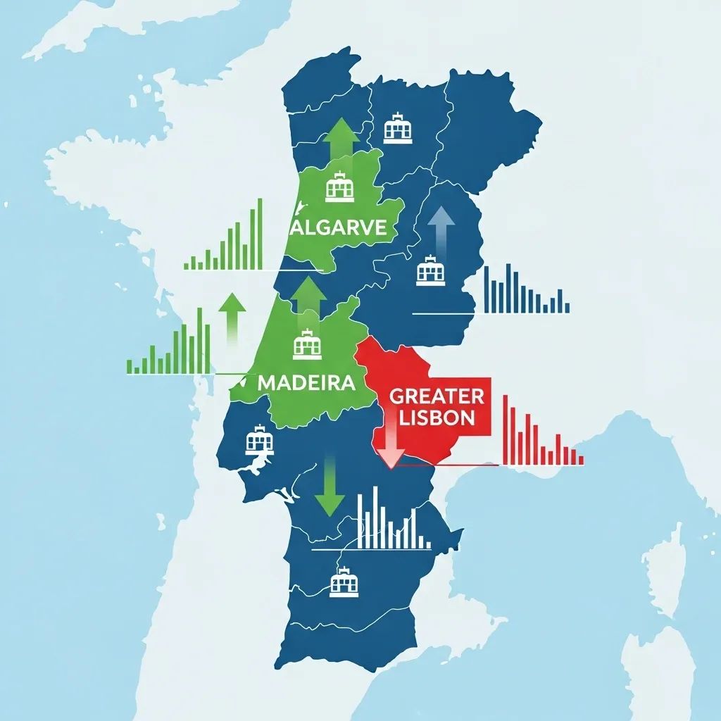 Infographic map of Portugal highlighting tourism revenue gains in Algarve and Madeira and decline in Lisbon
