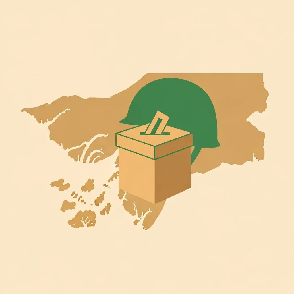 Infographic-style map of Guinea-Bissau with ballot box and military helmet silhouette representing election under junta