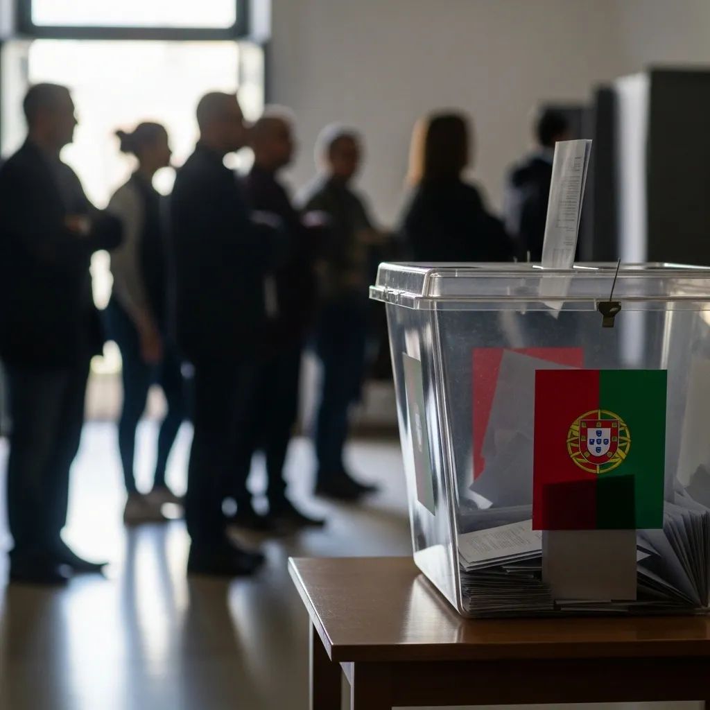 Ballot box in Portuguese polling station with blurred voters in background