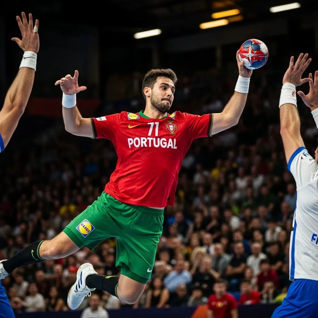 Portuguese men’s handball player mid-air shot in indoor arena with blurred crowd