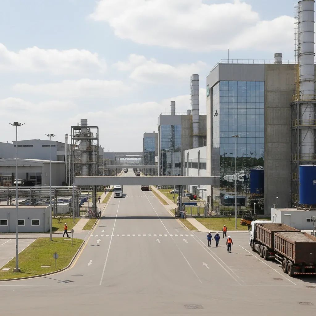 Industrial manufacturing facility with workers visible in the distance at a Brazilian EV factory complex