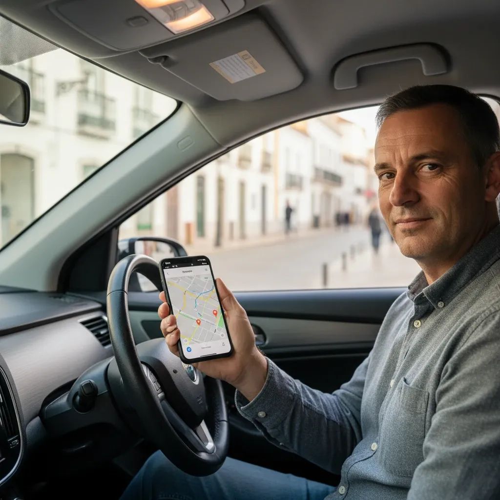 Ride-hailing driver in a car checking a smartphone with an urban street in the background