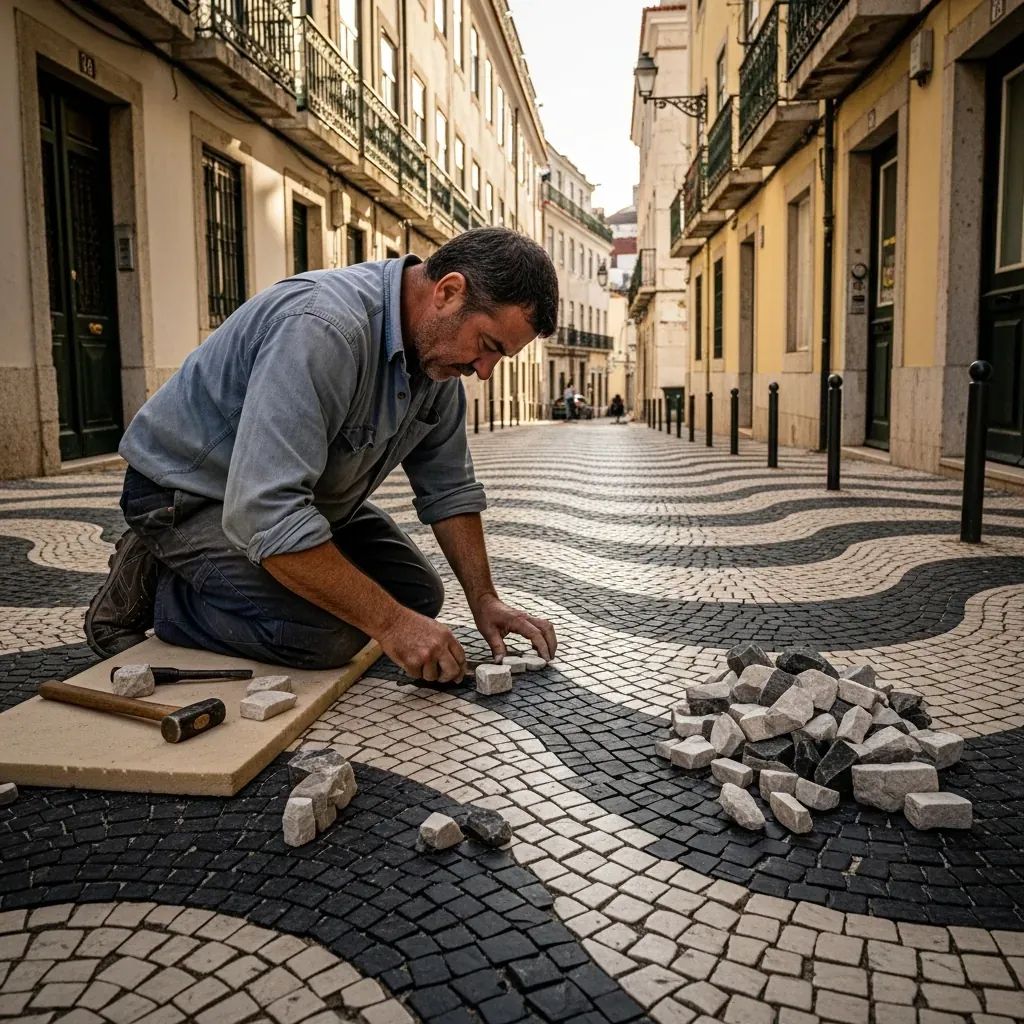 Artisan laying black basalt and white limestone stones on a traditional Portuguese pavement