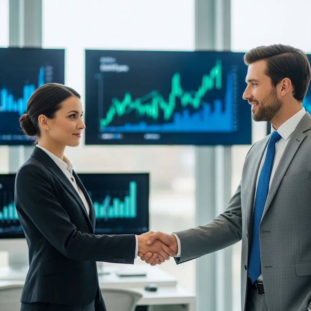 Two professionals shaking hands in a modern Portuguese bank office during an acquisition deal