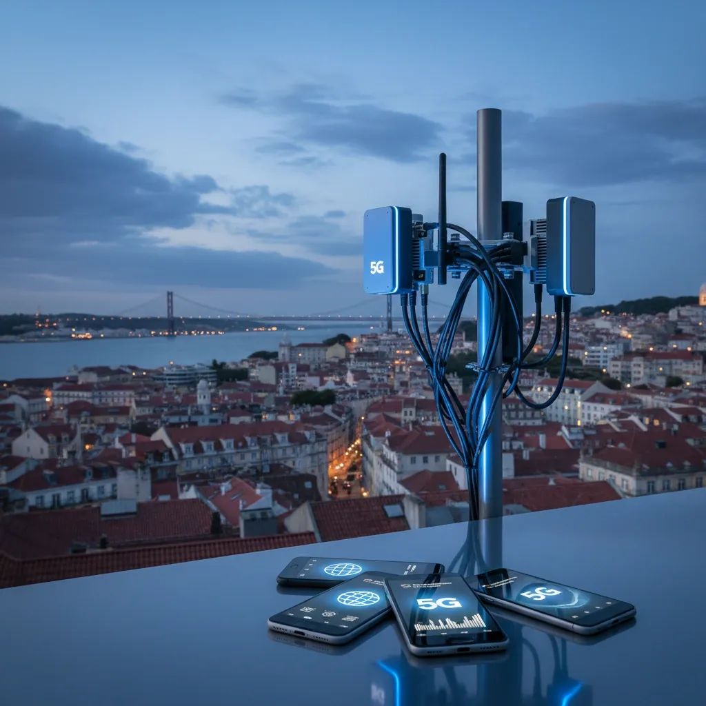 5G network infrastructure and fiber optic cables representing Portuguese telecom expansion and competitive pricing