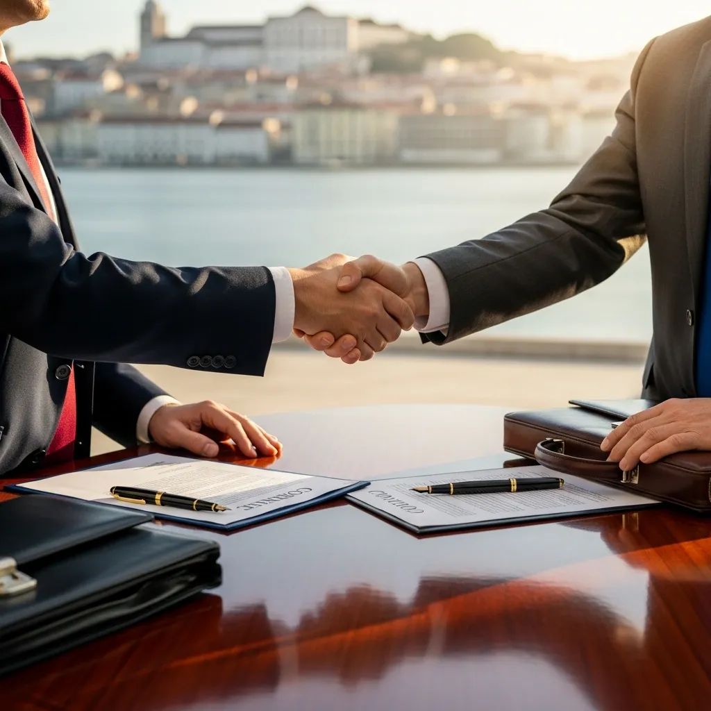 Business handshake over contracts with Lisbon skyline in the background