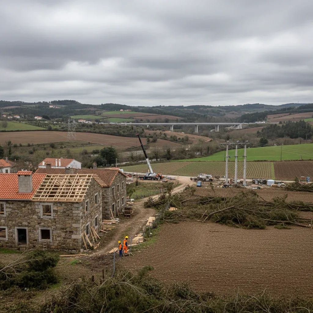 Portuguese infrastructure damage and recovery scene showing impact of extreme weather on Leiria region