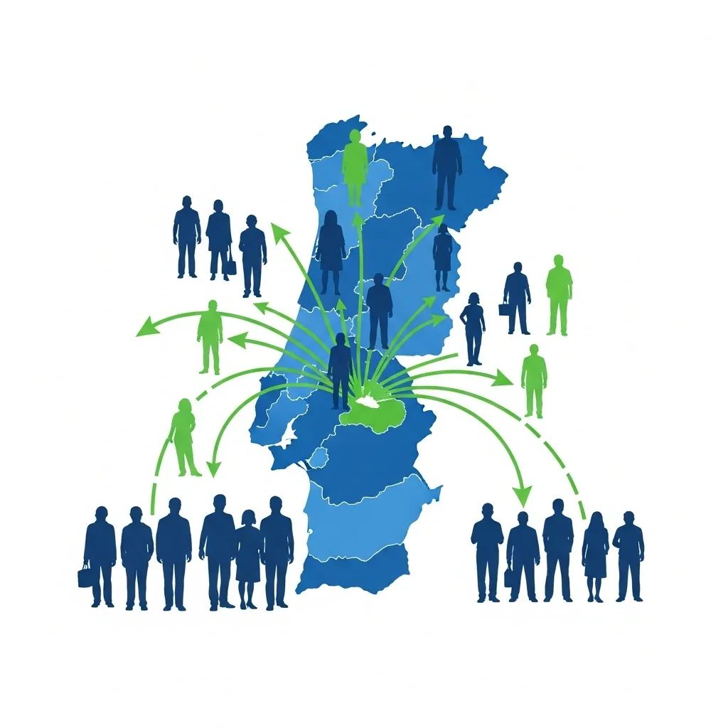 Infographic-style map of Portugal with arrows and diverse silhouettes illustrating migration flows