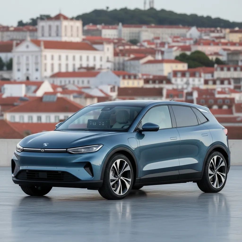 Modern Skoda Epiq electric SUV with Lisbon cityscape background, contemporary automotive design