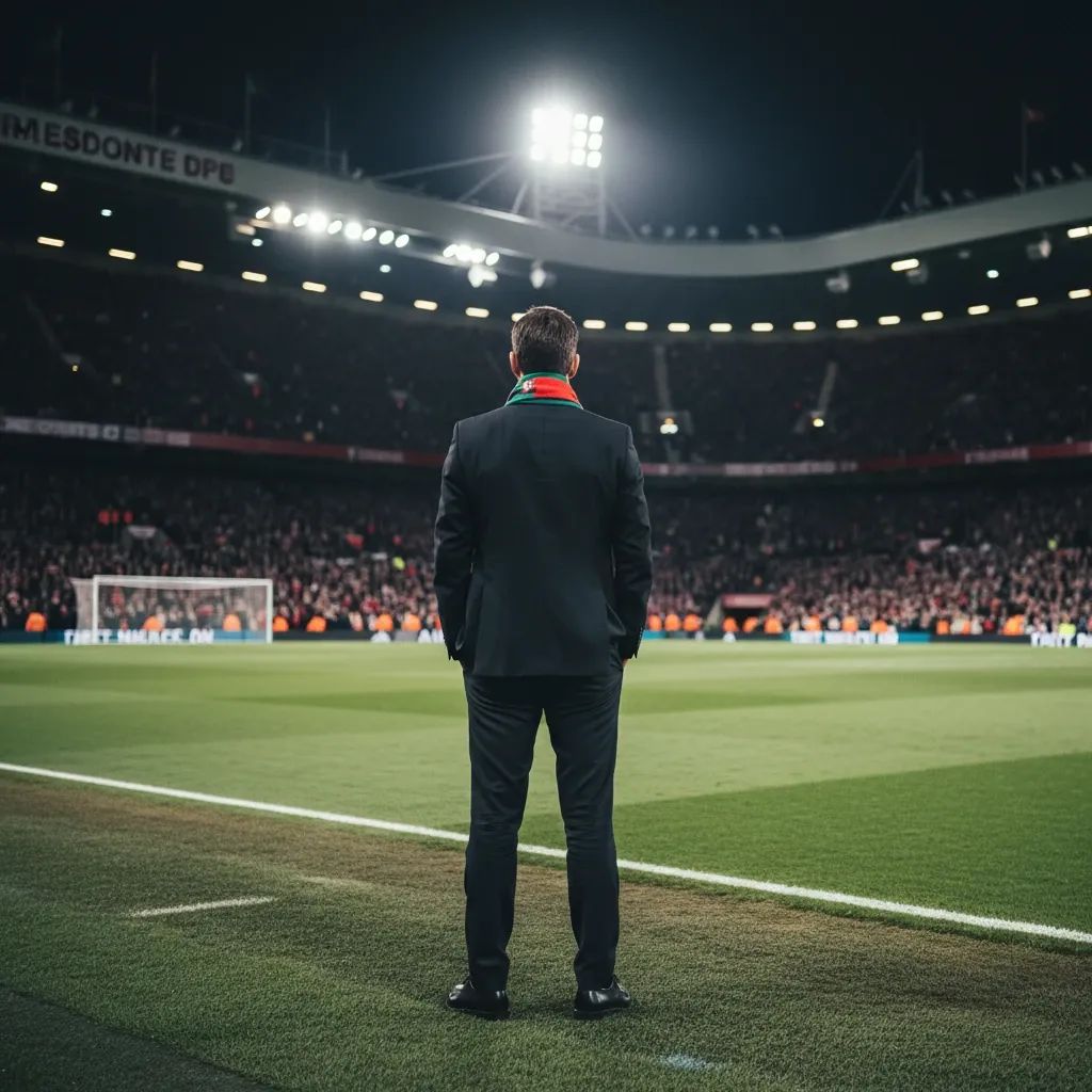 Football coach seen from behind on a lit Premier League touchline wearing Portuguese-coloured scarf