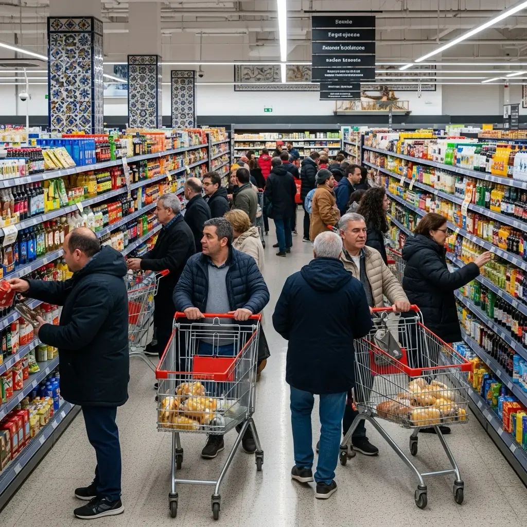 Busy supermarket aisle in Portugal with shoppers and stocked shelves