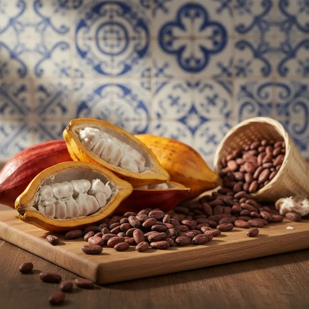 Cocoa beans and pods arranged on Portuguese market surface with warm lighting
